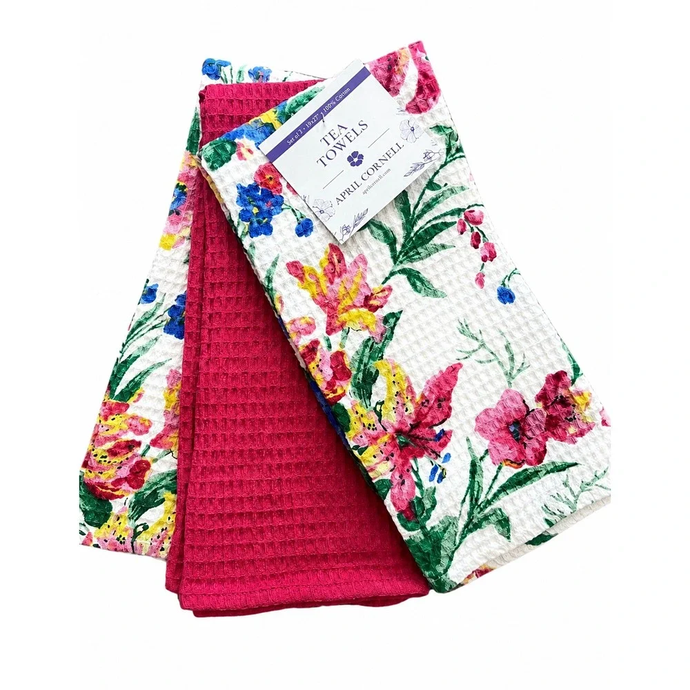 APRIL CORNELL KITCHEN TOWELS (3)  WHITE FLORAL HOT PINK  WAFFLE WEAVE COTTON NWT